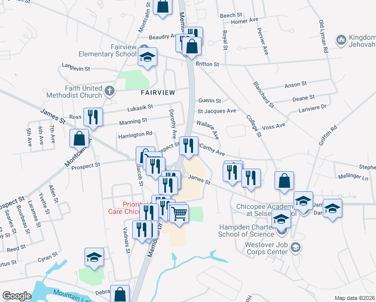 map of restaurants, bars, coffee shops, grocery stores, and more near 1651 Memorial Drive in Chicopee