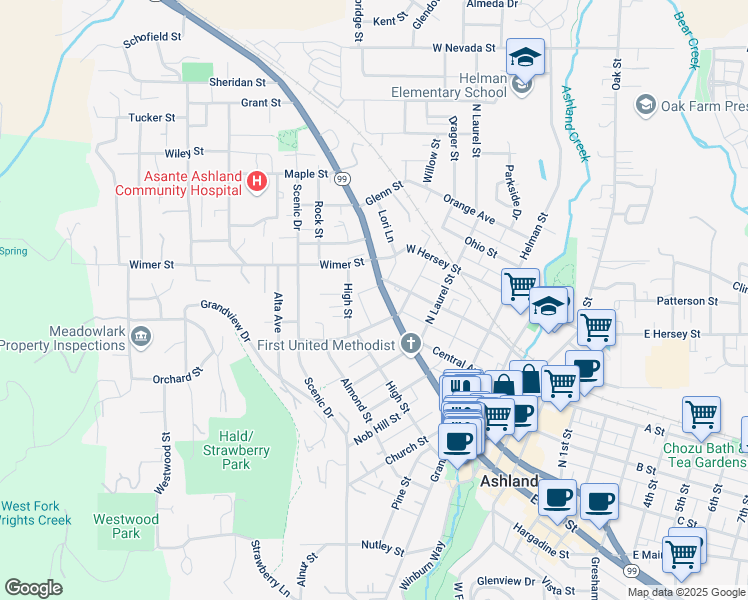 map of restaurants, bars, coffee shops, grocery stores, and more near 321 North Main Street in Ashland