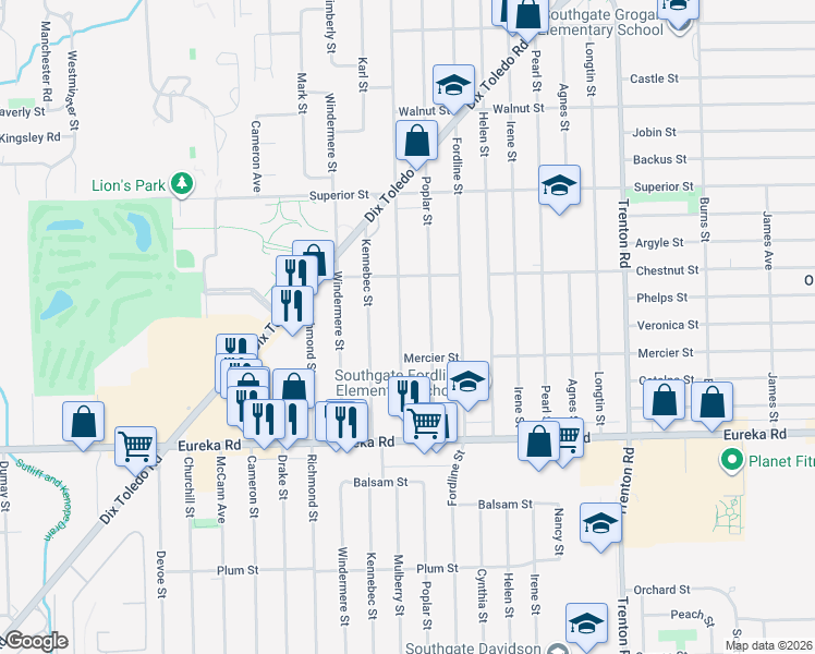 map of restaurants, bars, coffee shops, grocery stores, and more near 14591 Mulberry Street in Southgate