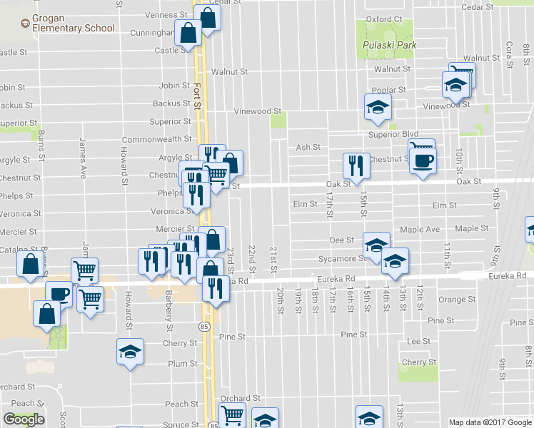 map of restaurants, bars, coffee shops, grocery stores, and more near 3018 21st Street in Wyandotte