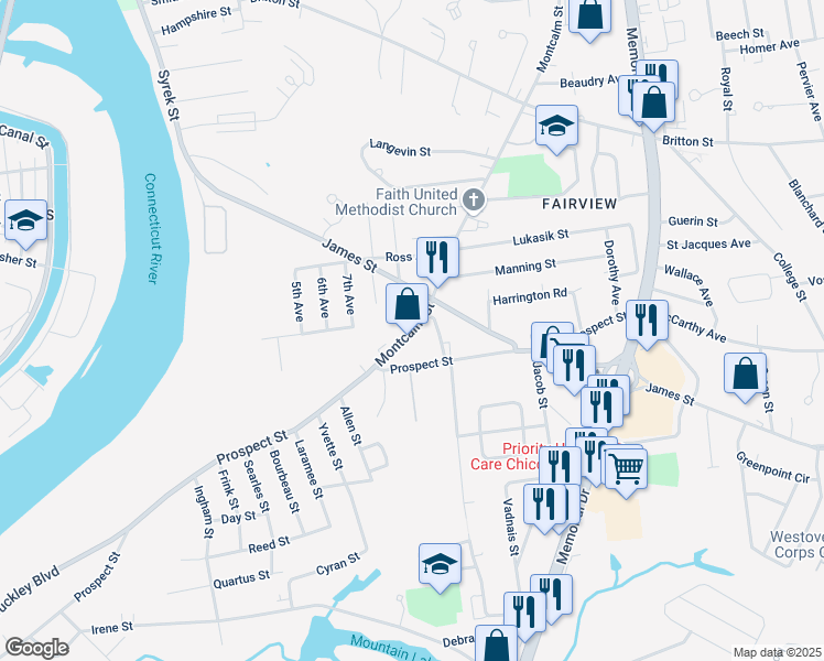 map of restaurants, bars, coffee shops, grocery stores, and more near 56 Montcalm Street in Chicopee