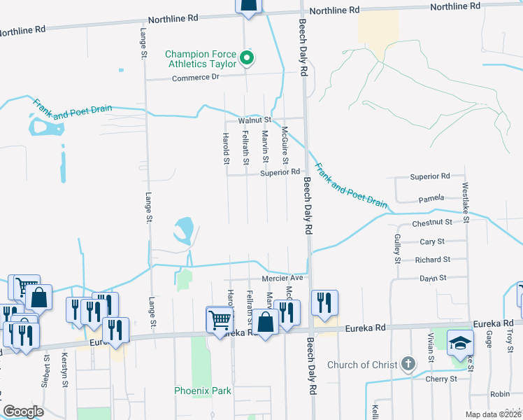 map of restaurants, bars, coffee shops, grocery stores, and more near 14212 Marvin St in Taylor