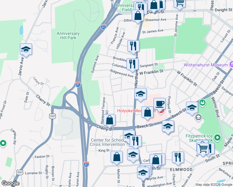 map of restaurants, bars, coffee shops, grocery stores, and more near 44 Claremont Avenue in Holyoke