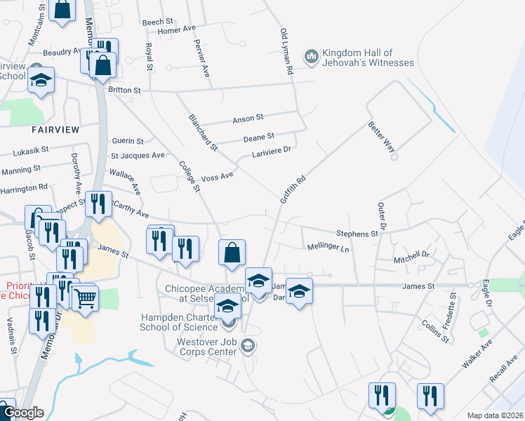 map of restaurants, bars, coffee shops, grocery stores, and more near 280 McCarthy Avenue in Chicopee