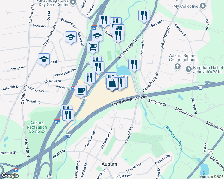 map of restaurants, bars, coffee shops, grocery stores, and more near 385 Southbridge Street in Auburn