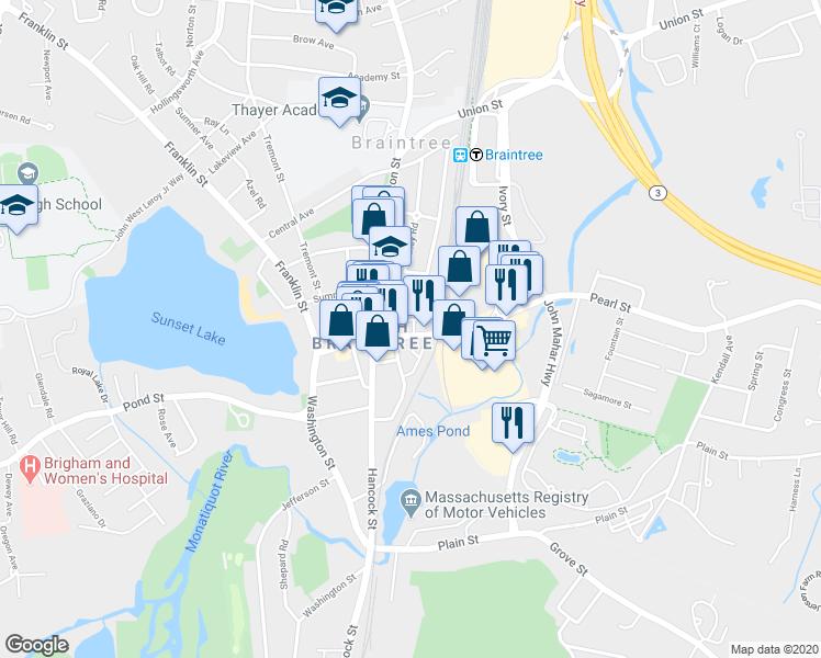 map of restaurants, bars, coffee shops, grocery stores, and more near 40 Pearl Street in Braintree