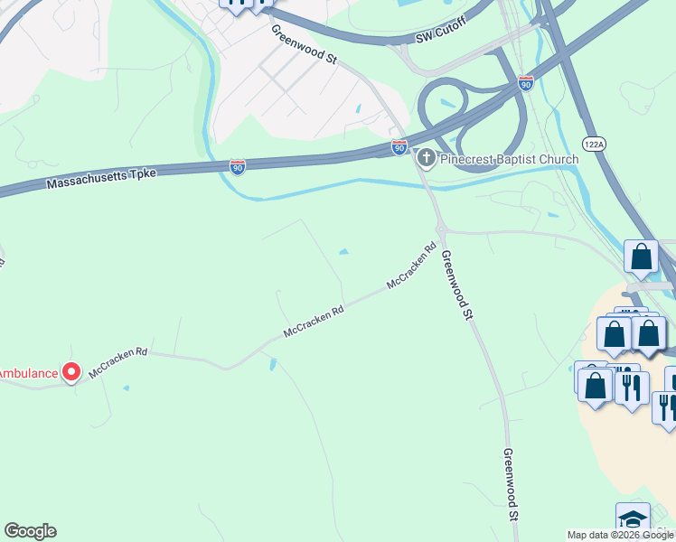 map of restaurants, bars, coffee shops, grocery stores, and more near 52 McCracken Road in Millbury