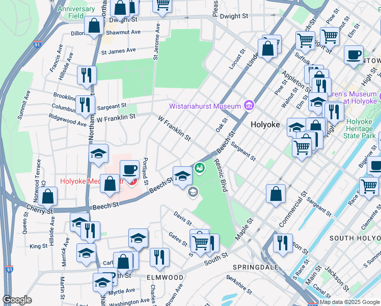 map of restaurants, bars, coffee shops, grocery stores, and more near 364-366 Linden Street in Holyoke