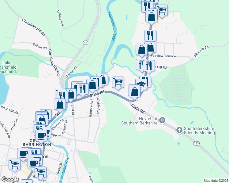map of restaurants, bars, coffee shops, grocery stores, and more near 127 State Road in Great Barrington