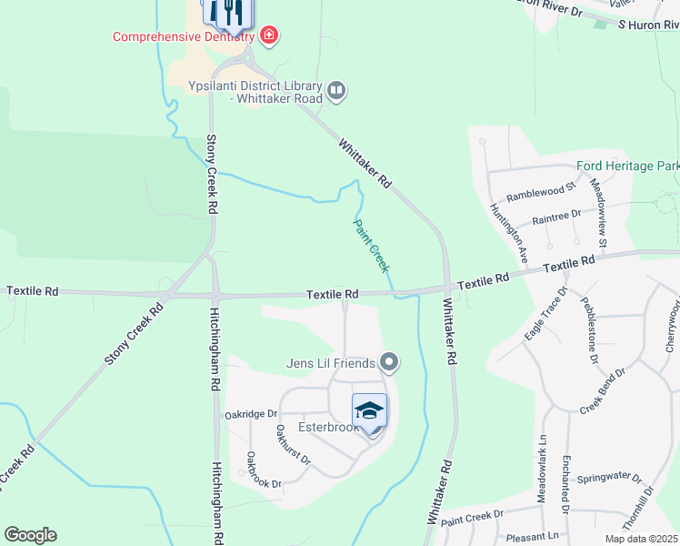 map of restaurants, bars, coffee shops, grocery stores, and more near 7457 Textile Road in Ypsilanti