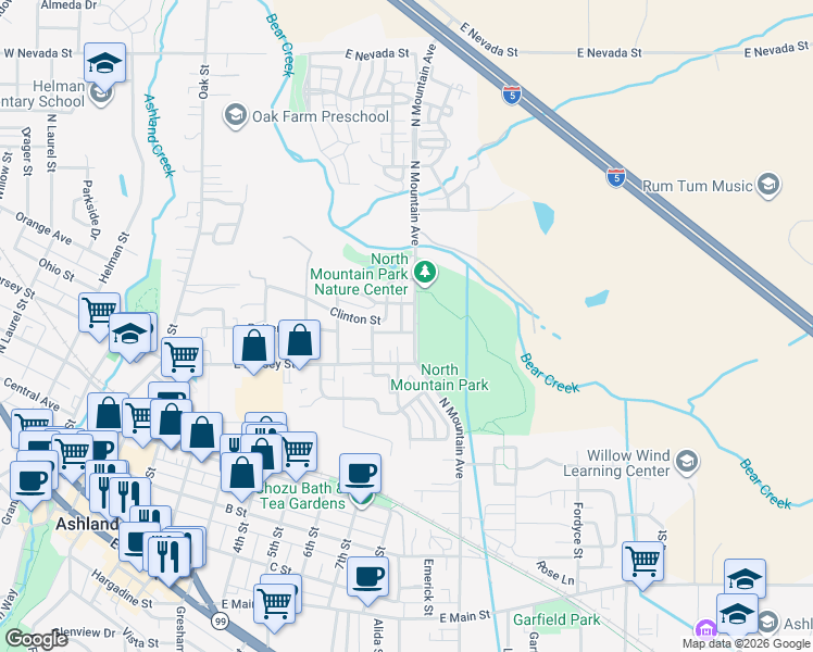 map of restaurants, bars, coffee shops, grocery stores, and more near 521 North Mountain Avenue in Ashland