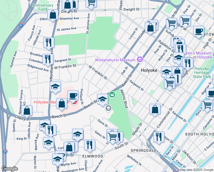 map of restaurants, bars, coffee shops, grocery stores, and more near 364-366 Linden Street in Holyoke
