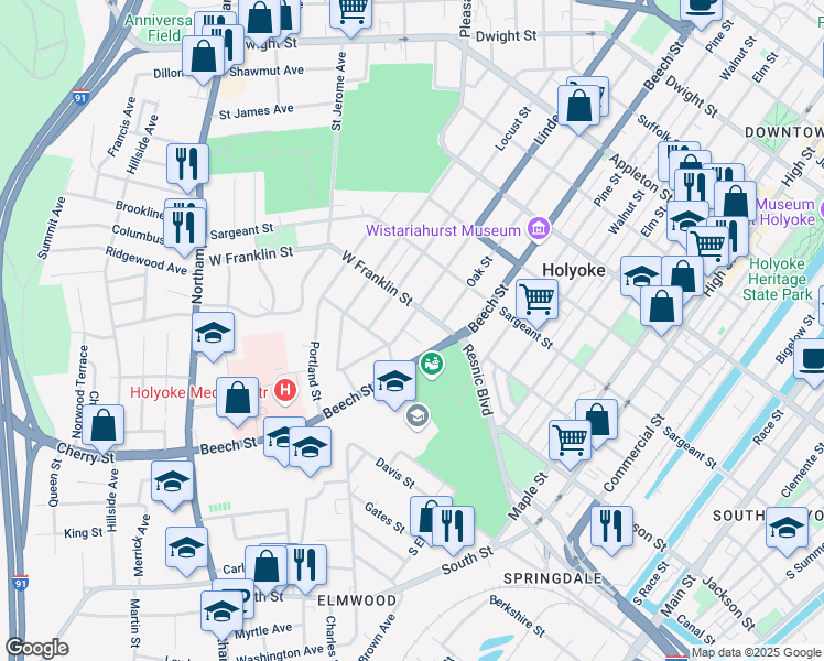 map of restaurants, bars, coffee shops, grocery stores, and more near 364-366 Linden Street in Holyoke
