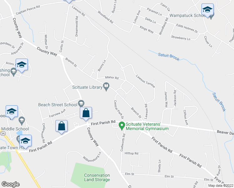 map of restaurants, bars, coffee shops, grocery stores, and more near 97 Central Park Drive in Scituate