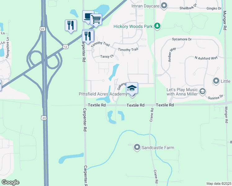 map of restaurants, bars, coffee shops, grocery stores, and more near 5821 Staghorn Drive in Ypsilanti