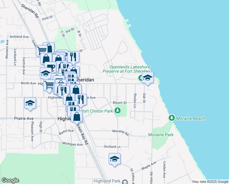 map of restaurants, bars, coffee shops, grocery stores, and more near 2754 Fort Sheridan Avenue in Highland Park