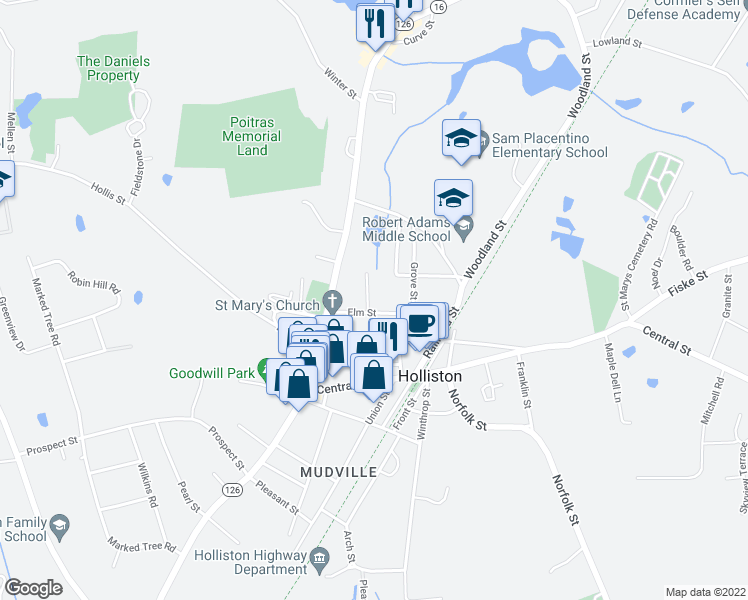 map of restaurants, bars, coffee shops, grocery stores, and more near 9 Irving Place in Holliston