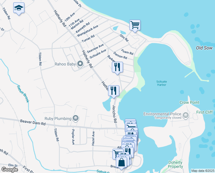 map of restaurants, bars, coffee shops, grocery stores, and more near 22 Hatherly Road in Scituate