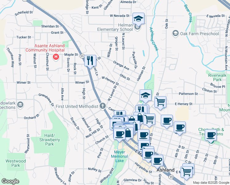 map of restaurants, bars, coffee shops, grocery stores, and more near 240 N Laurel St in Ashland