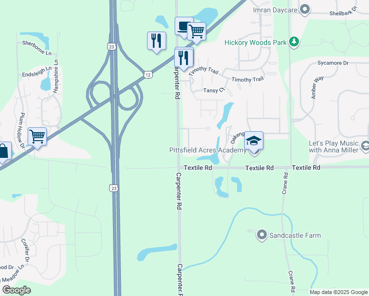 map of restaurants, bars, coffee shops, grocery stores, and more near 5906 Willow Ridge Drive in Ypsilanti