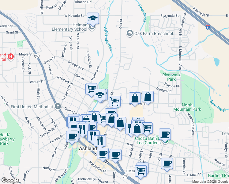 map of restaurants, bars, coffee shops, grocery stores, and more near 560 Oak Street in Ashland