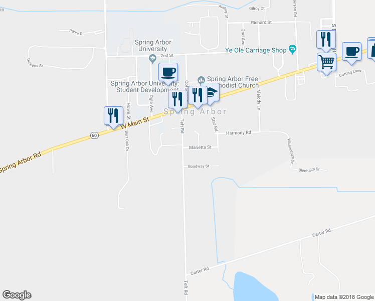 map of restaurants, bars, coffee shops, grocery stores, and more near 103 Marietta Street in Spring Arbor