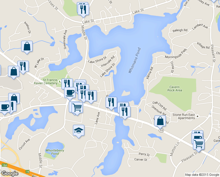 map of restaurants, bars, coffee shops, grocery stores, and more near 14 Lake View Road in Weymouth
