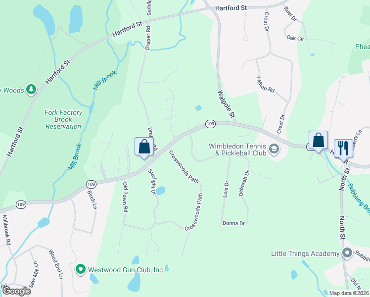 map of restaurants, bars, coffee shops, grocery stores, and more near 3 Appletree Ln in Walpole