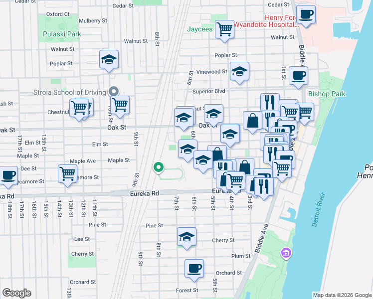 map of restaurants, bars, coffee shops, grocery stores, and more near 627 Elm Street in Wyandotte