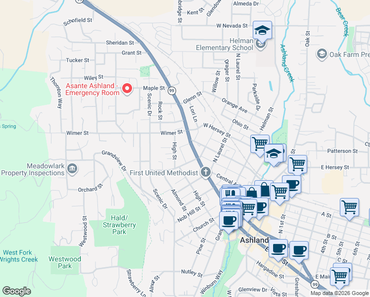 map of restaurants, bars, coffee shops, grocery stores, and more near 321 North Main Street in Ashland