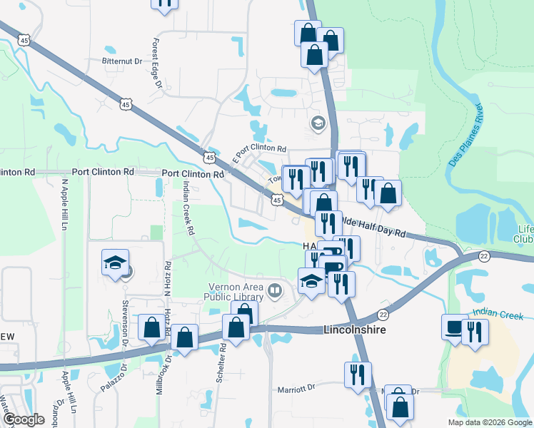 map of restaurants, bars, coffee shops, grocery stores, and more near 1334 South Christine Court in Vernon Hills