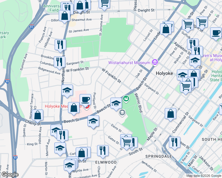 map of restaurants, bars, coffee shops, grocery stores, and more near 260 Locust Street in Holyoke