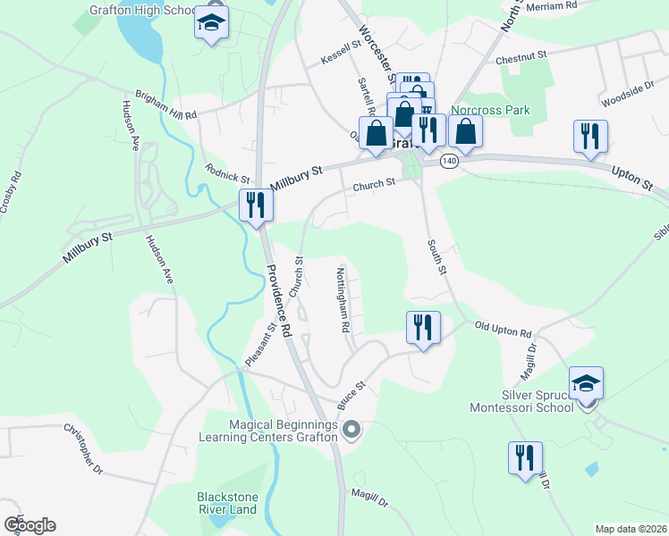map of restaurants, bars, coffee shops, grocery stores, and more near 56 Nottingham Road in Grafton