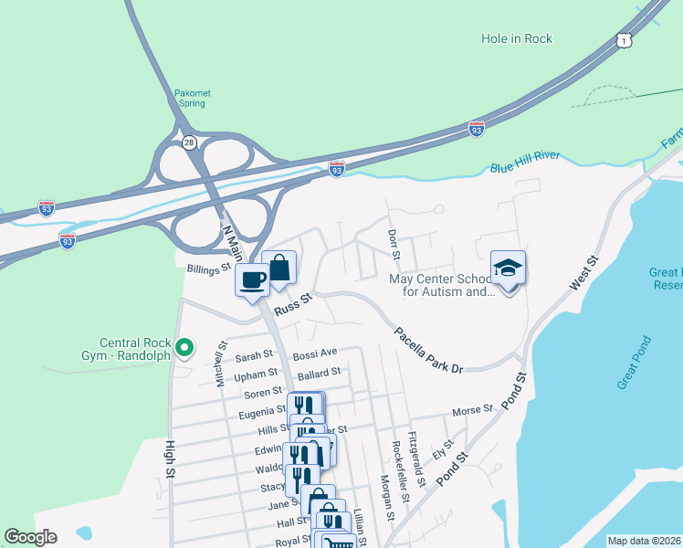 map of restaurants, bars, coffee shops, grocery stores, and more near 4 Shade Street in Randolph