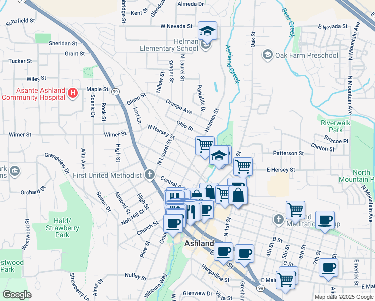 map of restaurants, bars, coffee shops, grocery stores, and more near 255 Helman Street in Ashland