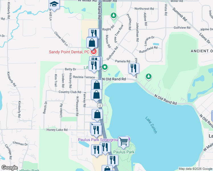 map of restaurants, bars, coffee shops, grocery stores, and more near 881 North Old Rand Road in Lake Zurich