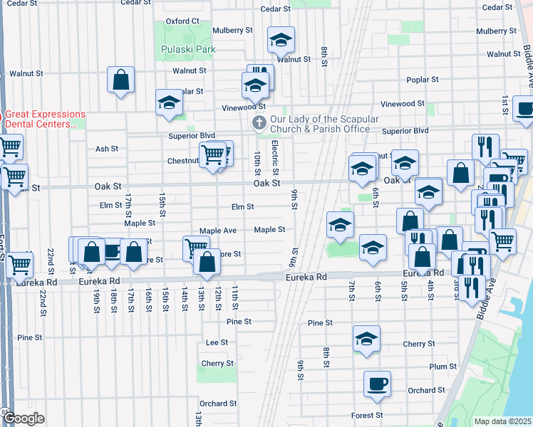 map of restaurants, bars, coffee shops, grocery stores, and more near 985 Elm St in Wyandotte