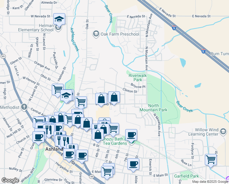 map of restaurants, bars, coffee shops, grocery stores, and more near 309 Patterson Street in Ashland