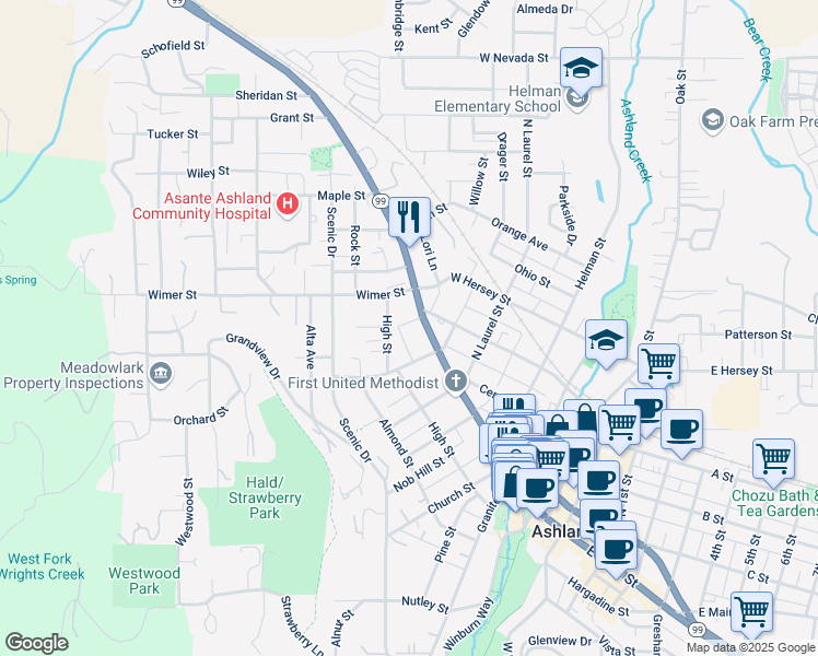 map of restaurants, bars, coffee shops, grocery stores, and more near 321 North Main Street in Ashland