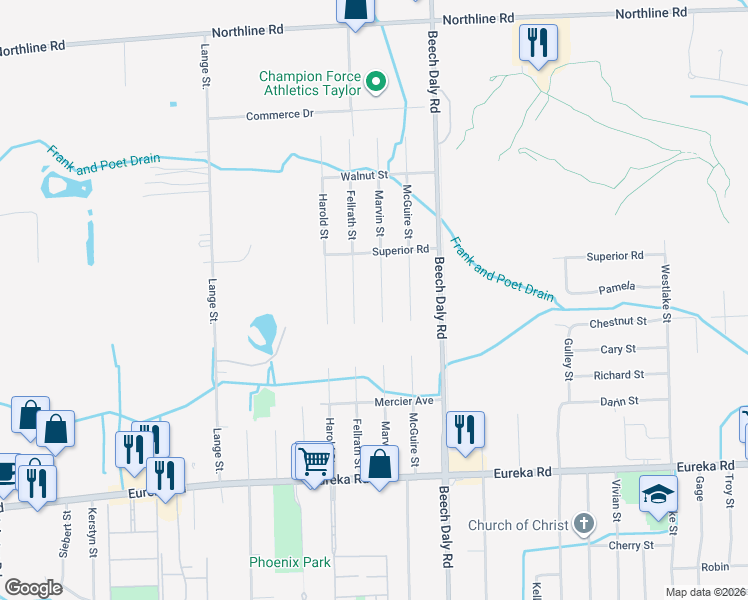 map of restaurants, bars, coffee shops, grocery stores, and more near 14212 Marvin Street in Taylor