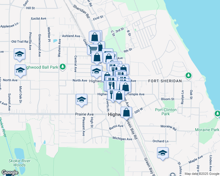map of restaurants, bars, coffee shops, grocery stores, and more near 310 Green Bay Road in Highwood