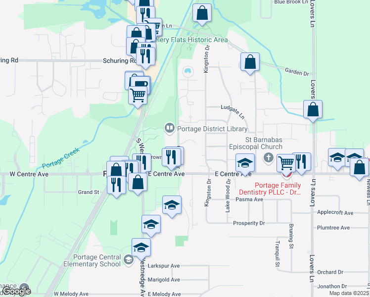 map of restaurants, bars, coffee shops, grocery stores, and more near 7895 Currier Drive in Portage