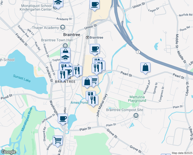 map of restaurants, bars, coffee shops, grocery stores, and more near 165 Pearl Street in Braintree