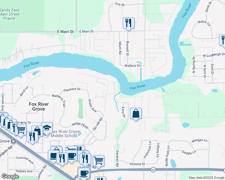map of restaurants, bars, coffee shops, grocery stores, and more near 8715 Gardner Road in Fox River Grove