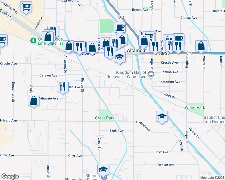 map of restaurants, bars, coffee shops, grocery stores, and more near 2734 Derby Street in Klamath Falls