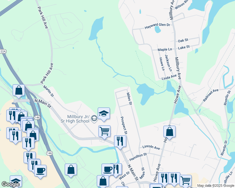 map of restaurants, bars, coffee shops, grocery stores, and more near 52 Prospect Street in Millbury