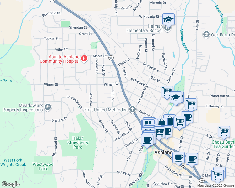 map of restaurants, bars, coffee shops, grocery stores, and more near 329 North Main Street in Ashland