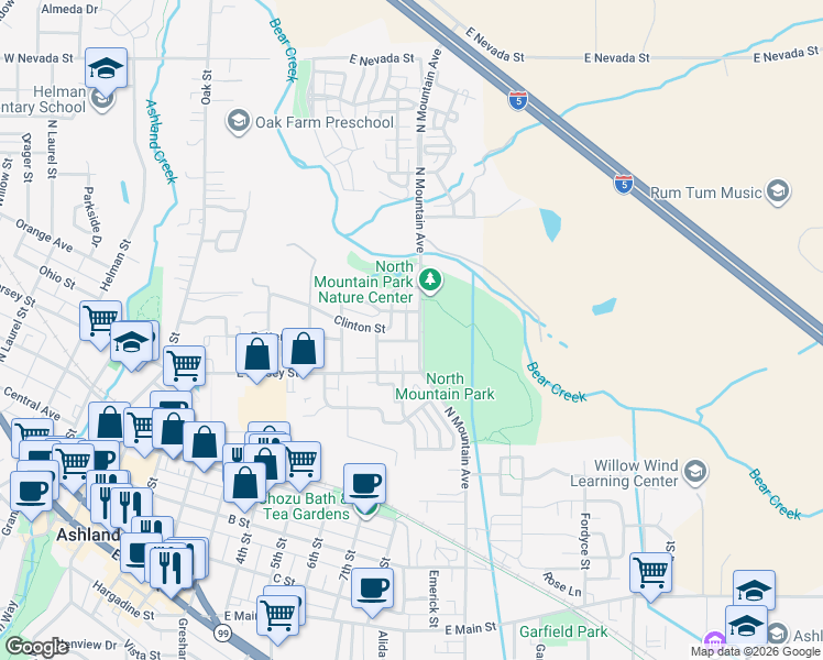 map of restaurants, bars, coffee shops, grocery stores, and more near 521 North Mountain Avenue in Ashland