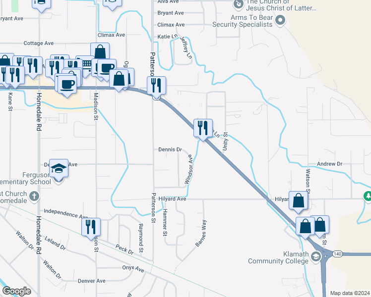 map of restaurants, bars, coffee shops, grocery stores, and more near 2775 Windsor Avenue in Klamath Falls