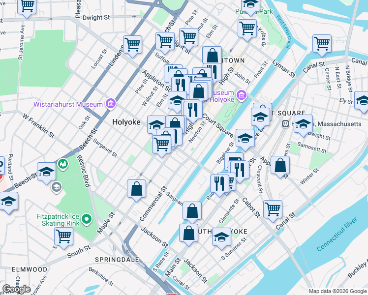 map of restaurants, bars, coffee shops, grocery stores, and more near 70 Nick Cosmos Way in Holyoke